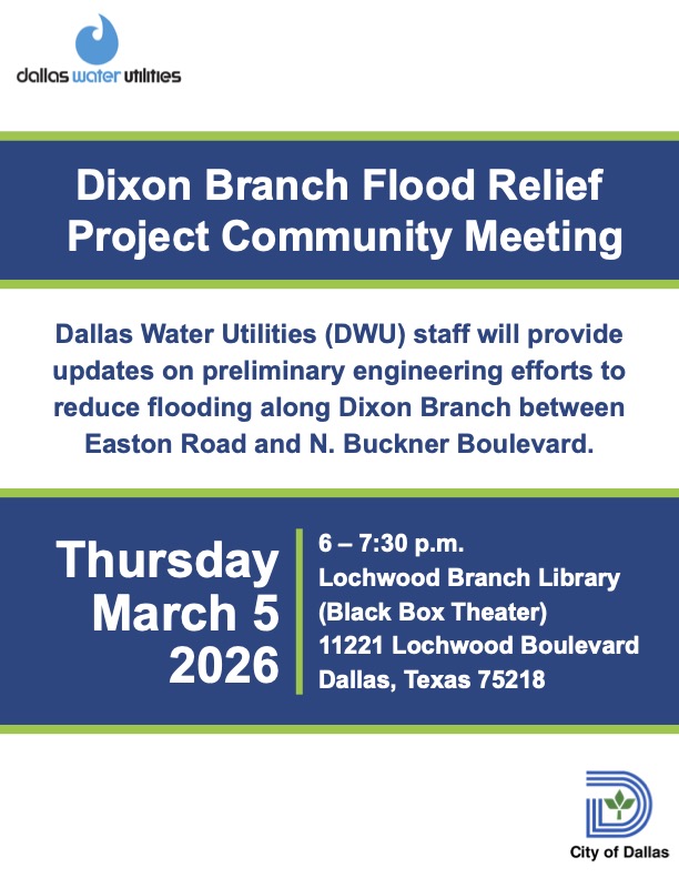DWU meeting on Dixon Branch flooding – Mar. 3 Thurs